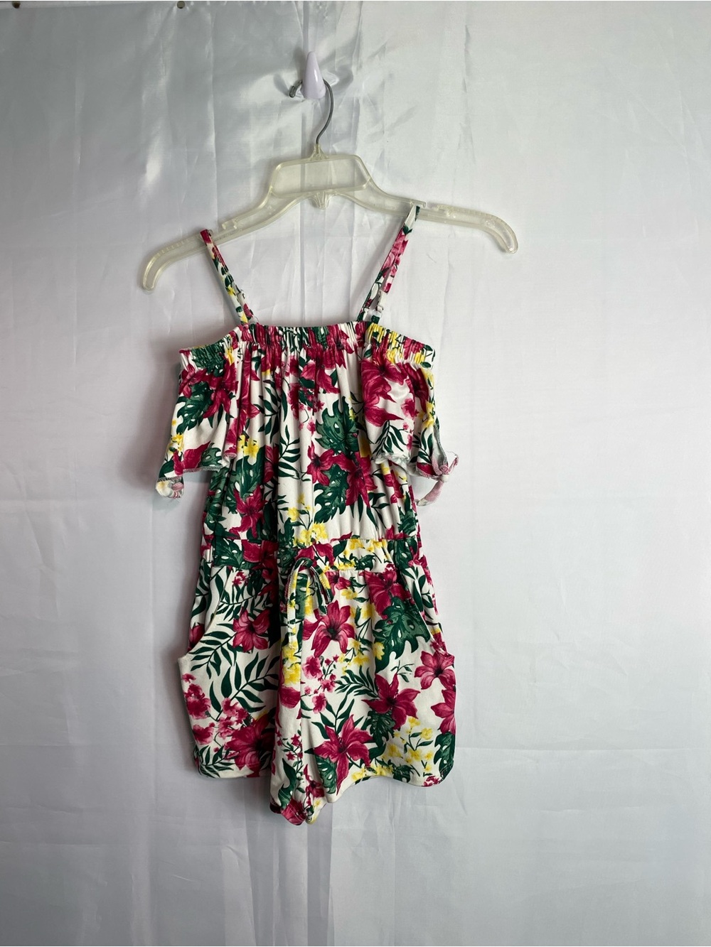 Girls Floral Off-Shoulder Romper in White, Pink & Green